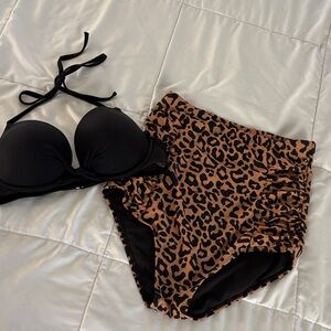 Black Bikini Top and Leopard Print High-Waisted Bottoms